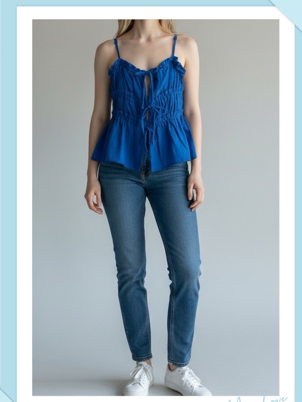 Amber Sky Linen Blend Ruffle Tie-Front Ruched Camisole Top Blue Sz M NWT Boho